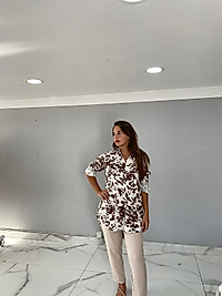 KAHVE EKRU LEOPAR DESEN SATEN GÖMLEK